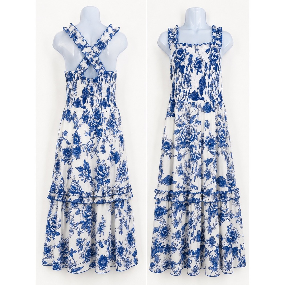 Coastal Floral Maxi Dress Womens XL Blue White Excellent Toile Garden Party - Picture 2 of 9